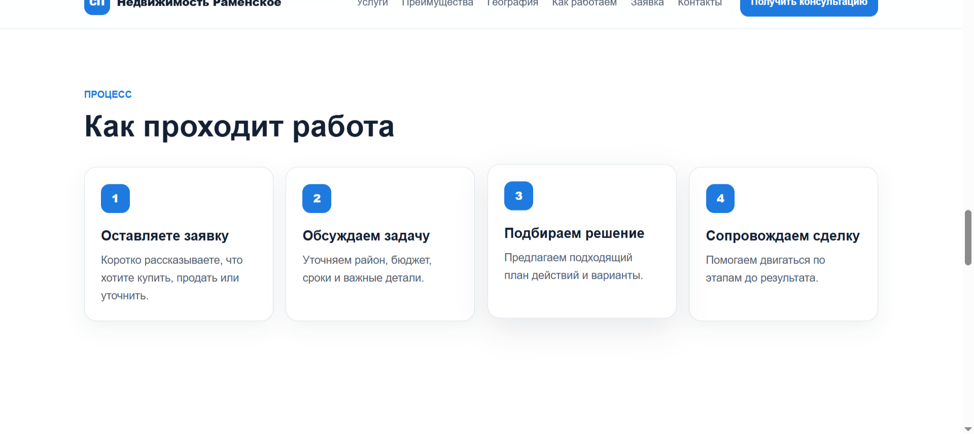 Блок этапов работы на сайте агентства недвижимости